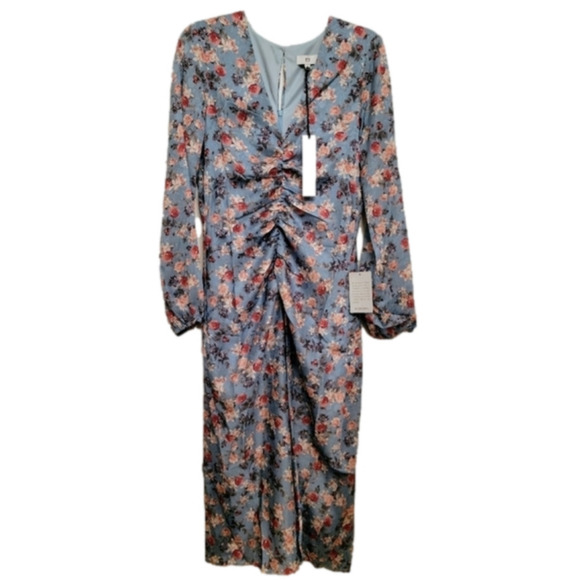 NSR Heidi Floral Ruched Slit Front Dress Blue Sky Large NWT - Picture 1 of 10
